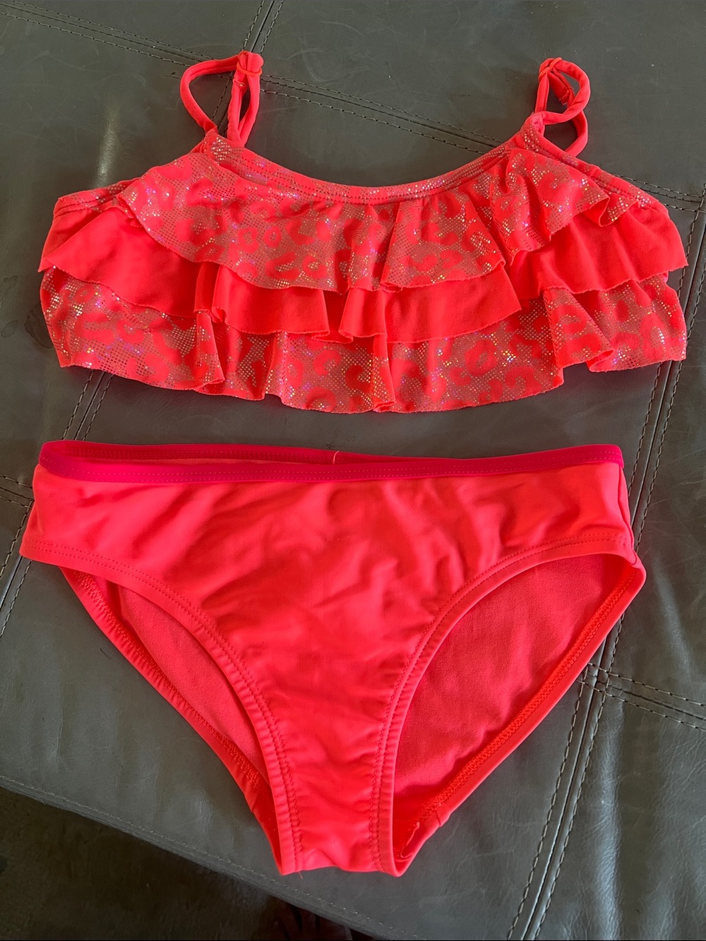 Girls Ruffle Two-Piece Bikini Swimsuit in Bright Coral